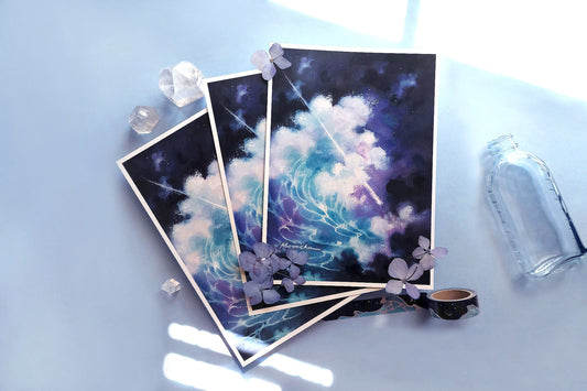image features high quality art print illustration of a tidal wave, original painting by moonchu. very blue themed. a navy, dark cloudy night sky with a swelling blue and teal ocean wave with foamy white froth. a white comet pierces the wave. an art painting exploring themes of self worth and overcoming obstacles.