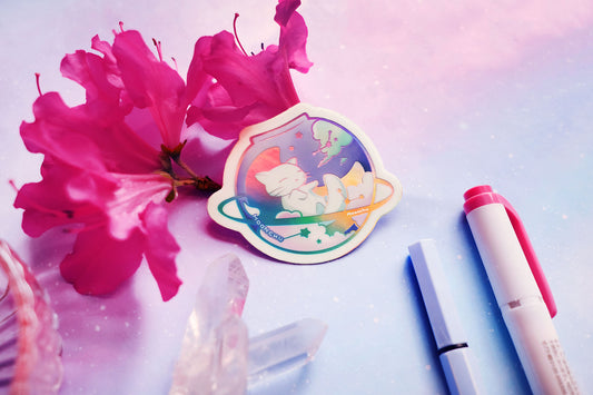 moon angel guardian moon cat sticker, holographic die cut vinyl sticker