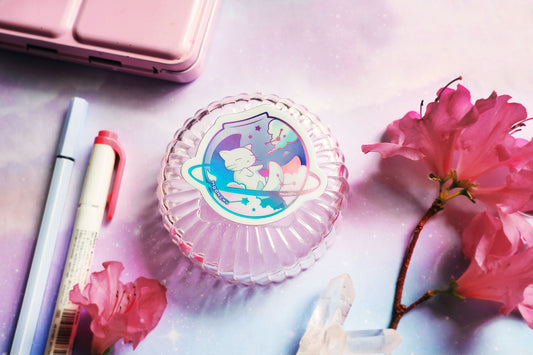 moon angel guardian moon cat sticker, holographic die cut vinyl sticker