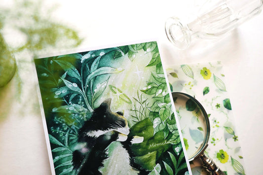 lush forest baby kitty pet portrait art, A5 mixed media original art print, black cat art