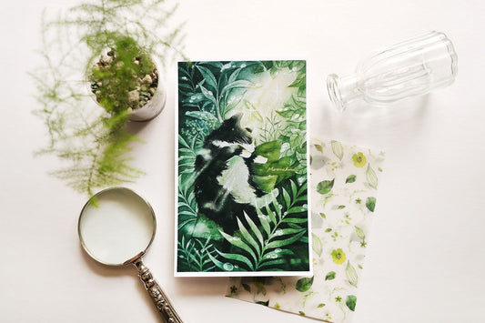 lush forest baby kitty pet portrait art, A5 mixed media original art print, black cat art