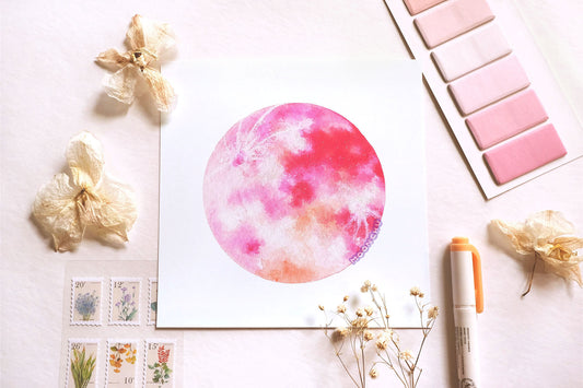 pink moon art, mixed media art print