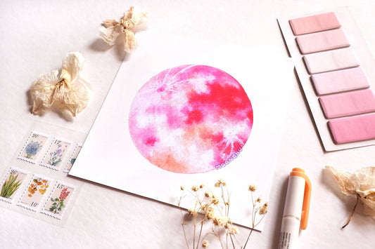 pink moon art, mixed media art print