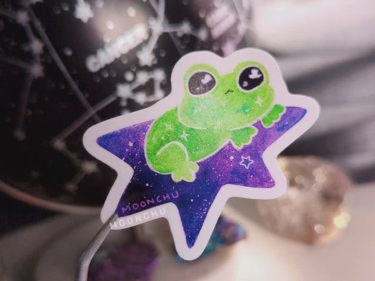 video showcasing green froggy blasting off into space with a purple starship. very glossy, high colour! perfect for amphibian lovers.