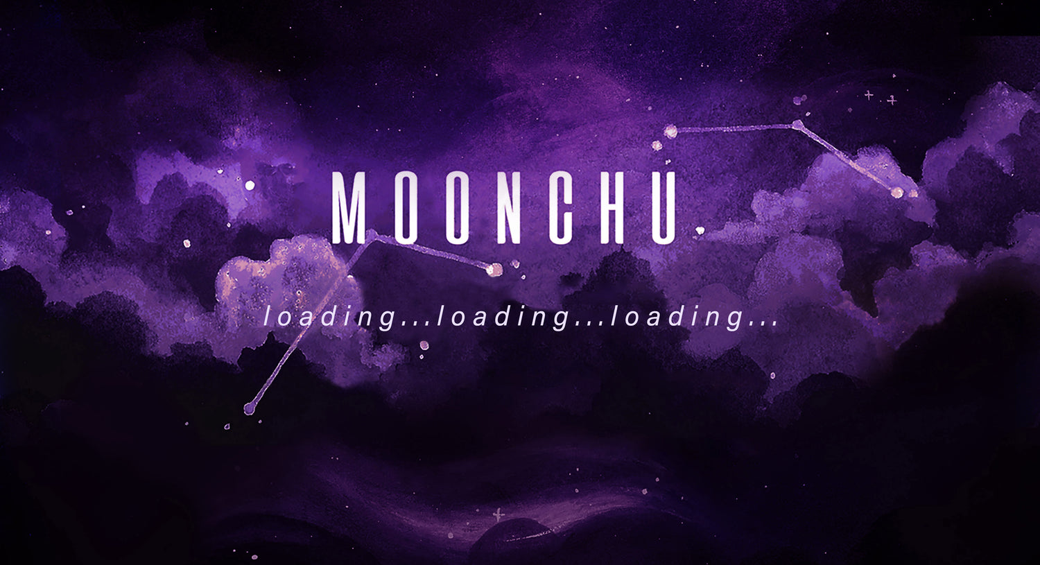 coming soon moonchu custom watercolour banner comprised of a rich purple gradient of clouds and constellations