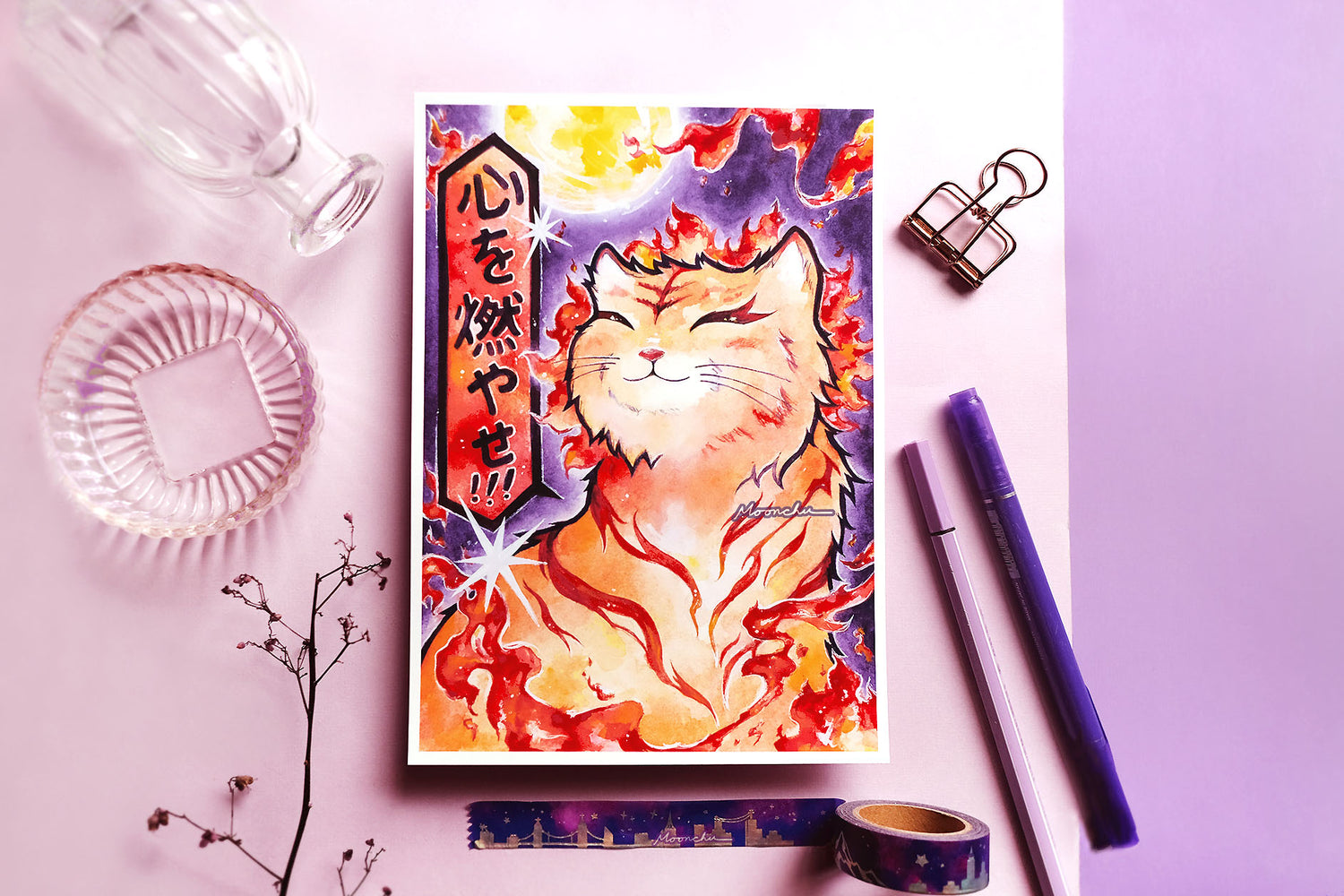 anime inspired art of rengoku by moonchu, a very happy tiger with a bright soul, lots of fire, japanese saying, "set your heart ablaze", optimistic art for once lol watercolor painting