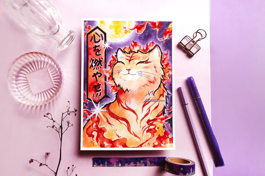 anime inspired art of rengoku by moonchu, a very happy tiger with a bright soul, lots of fire, japanese saying, "set your heart ablaze", optimistic art for once lol watercolor painting