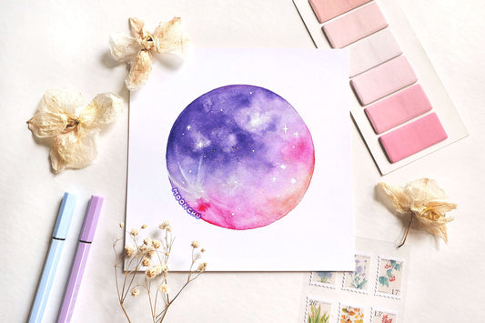 shimmering moon painting, embellished watercolour art print