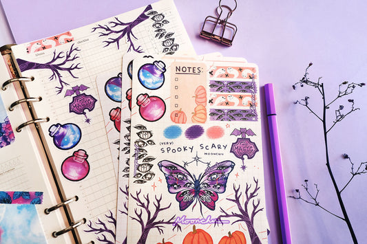 moonchu original art illustration of halloween stationery! perfect for a spooky journal or scrapbook spread.