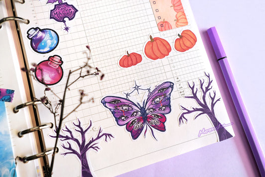 moonchu original art illustration of halloween stationery! perfect for a spooky journal or scrapbook spread.