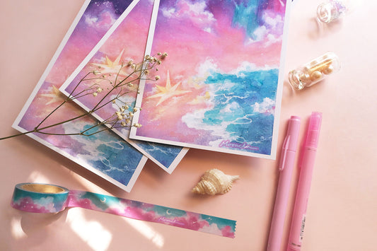 photo showcases a high quality art print of an original ink and watercolour ocean sky painting by moonchu. the illustration is very colourful with aurora and stars falling upon an ocean tide. a large, glowing star has fallen upon the beach. or washed ashore. up to you. sky gradients from purple to pink to light orange.