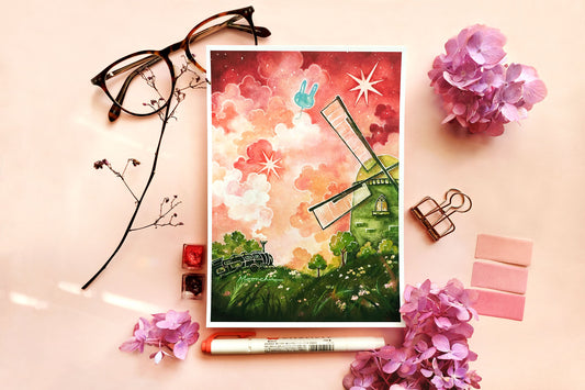 original art by moonchu, moonchu, whimsical art, landscape painting, botanical plant lover, floral, cottagecore, pastel aesthetic, pet portrait, pet memorial, inspired by nature, nature artist