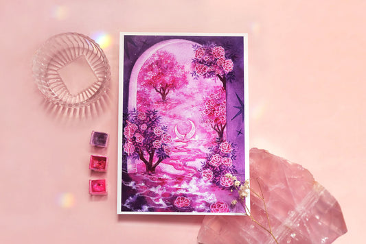 richly vibrant original art print by moonchu illustrating an archway witnessing a crescent moon resting within a small creek in a garden of camellia trees. colours are of a red and pink and purple paint. purple tinkle stars decorate the archway as camellia flowers float down the foamy creek. a beautiful high quality art print for a garden lover or flower appreciator.