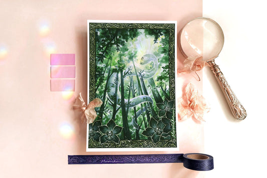 original mixed media art painting by moonchu depicting a lush, verdant snake winding through tall tree trunks. has an elaborate border with intricate dark green orchids framing the lower left and right. lunar new year art for growth inspiration, or if you are a snake lover or botanical friend. very green aesthetic, wooded forest illustration.