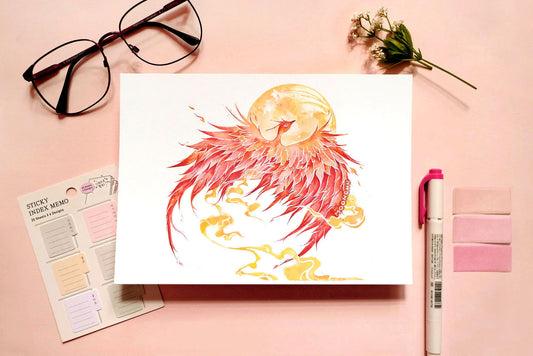 april's pink moon phoenix art, A5 watercolour art print