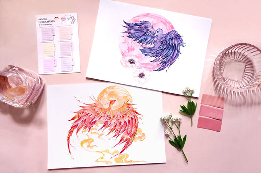 april's pink moon phoenix art, A5 watercolour art print