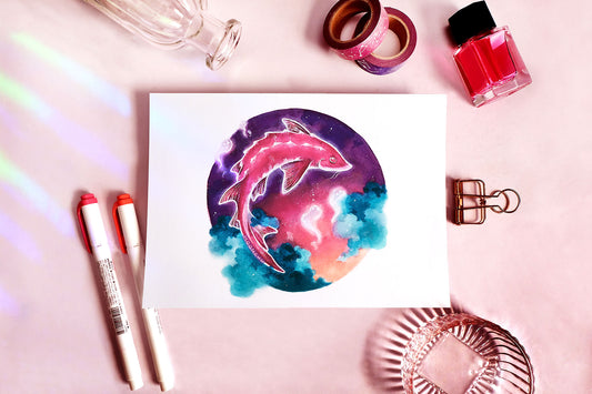 august's sturgeon moon, sturgeon art, A5 mixed media art print