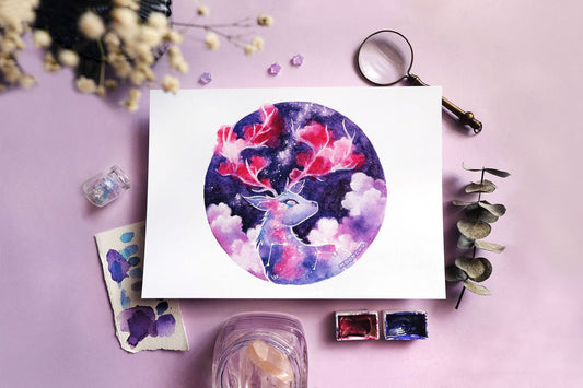 july's buck moon, deer buck art, A5 mixed media art print