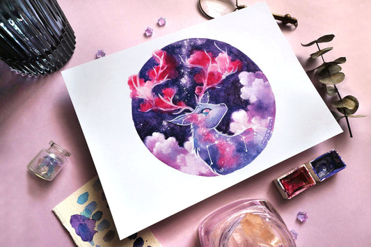 july's buck moon, deer buck art, A5 mixed media art print