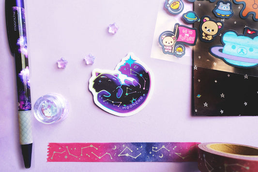constellation cat sticker, space cat sticker, galaxy cat holographic die cut vinyl sticker