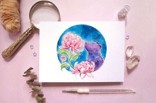 february's snow moon bear art, chrysanthemum art, A5 watercolour art print