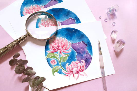 february's snow moon bear art, chrysanthemum art, A5 watercolour art print