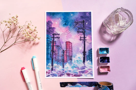 flurry snowy city art, A5 watercolour art print