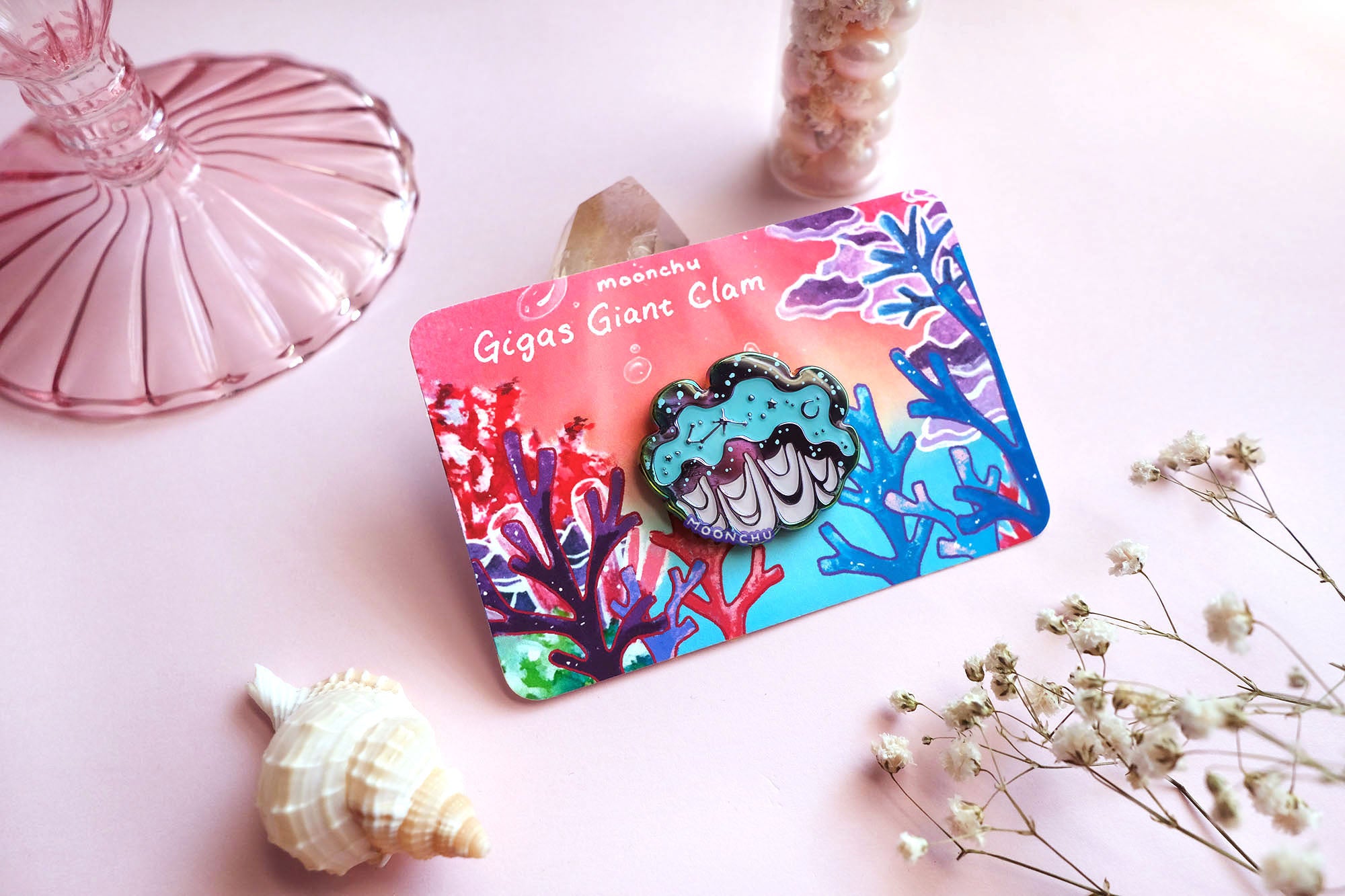 gigas giant clam enamel pin, clam pin, mermaid pin – moonchu