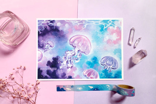 jelly journey jellyfish art, A5 watercolour art print