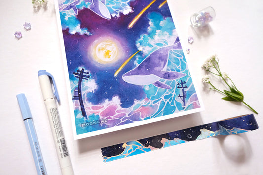 lament space whale art, A5 watercolour art print