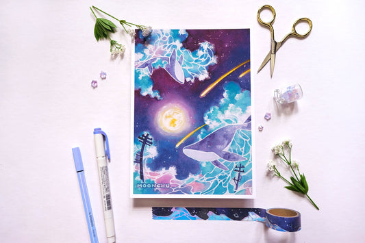 lament space whale art, A5 watercolour art print
