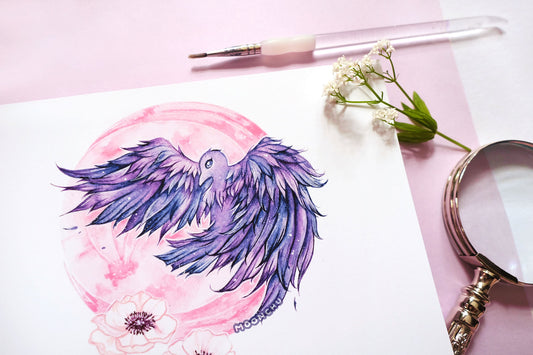 march's worm moon raven art, A5 watercolour art print
