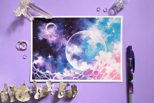 march moon art, space art, A5 watercolour art print