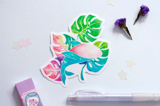 monstera whale sticker, monstera leaf sticker, transparent vinyl sticker