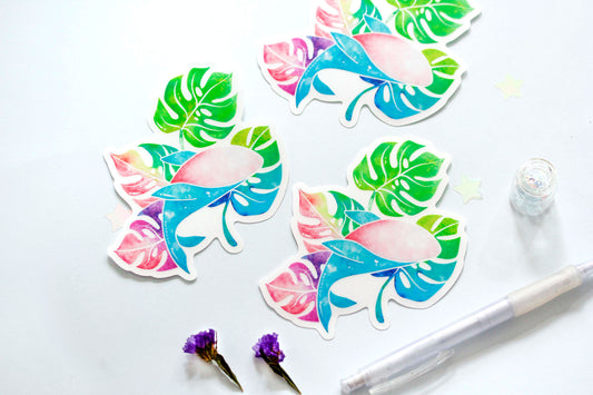 monstera whale sticker, monstera leaf sticker, transparent vinyl sticker