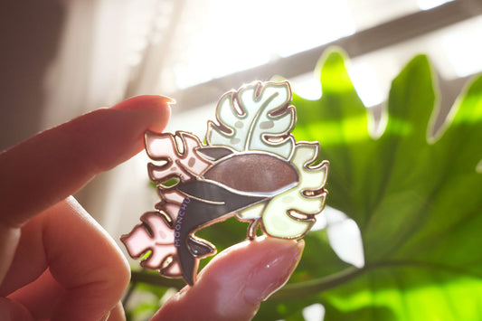 sleeping under the monsteras whale enamel pin, monstera leaf pin, plant whale pin