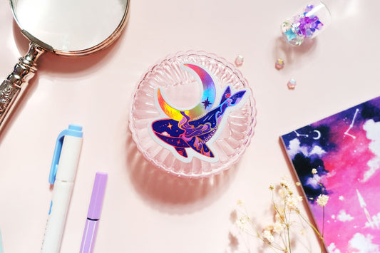 moon guardian whale sticker, space whale sticker, holographic die cut vinyl sticker