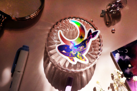 moon guardian whale sticker, space whale sticker, holographic die cut vinyl sticker
