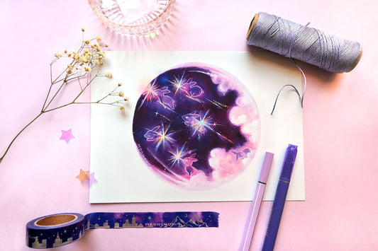 november's frost moon space rabbit art, A5 mixed media art print