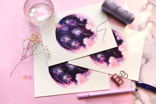 november's frost moon space rabbit art, A5 mixed media art print