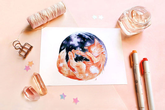 october's hunter's moon orange cat art, A5 mixed media original art print