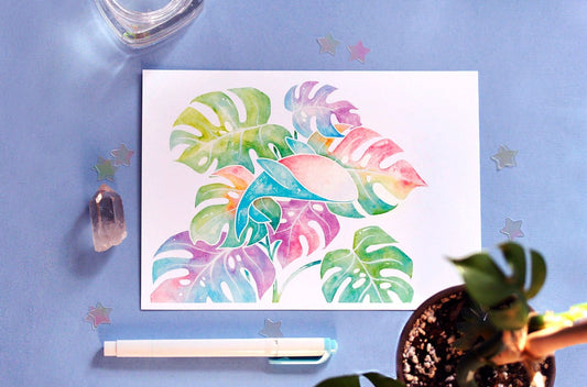 rhaphi tetra whale art, rhaphidophora tetrasperma art, watercolour art print