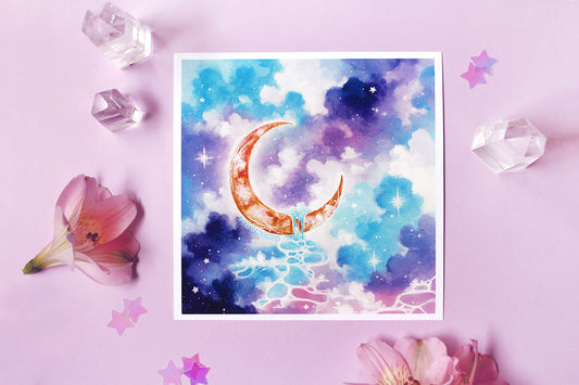 rivulet, ocean moon art, crescent moon art, watercolour art print