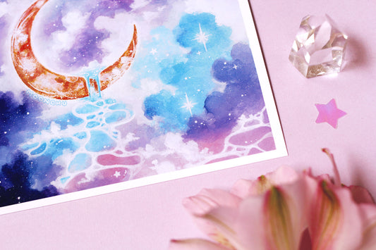 rivulet, ocean moon art, crescent moon art, watercolour art print