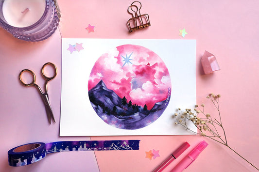 september's harvest moon pink mountain art, A5 mixed media art print