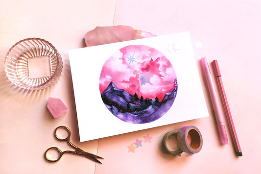 september's harvest moon pink mountain art, A5 mixed media art print