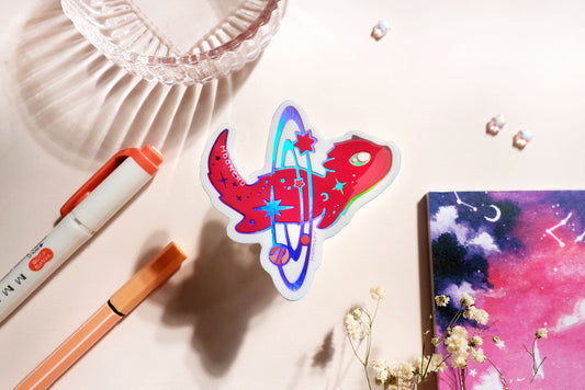 space vagabond sea otter sticker, space otter sticker, holographic die cut vinyl sticker