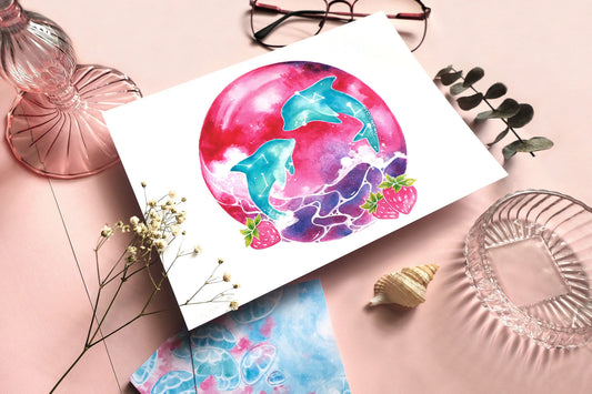 june's strawberry moon, dolphin art, A5 mixed media art print