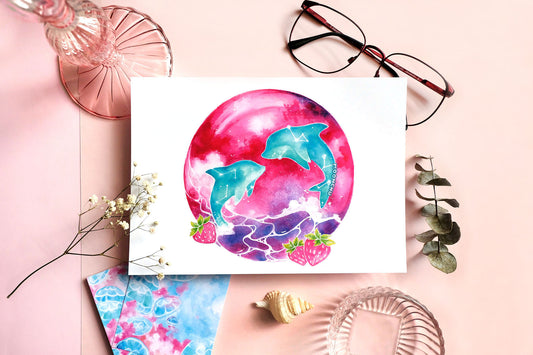 june's strawberry moon, dolphin art, A5 mixed media art print
