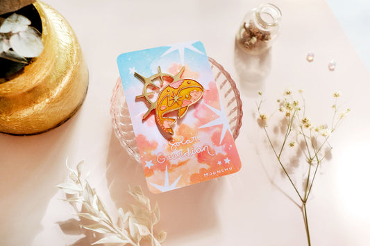 sun guardian whale enamel pin, sun whale pin, space whale pin